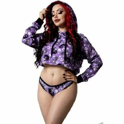 Killstar Kapuzenpullover - Purr Off Cropped Hoodie Plum